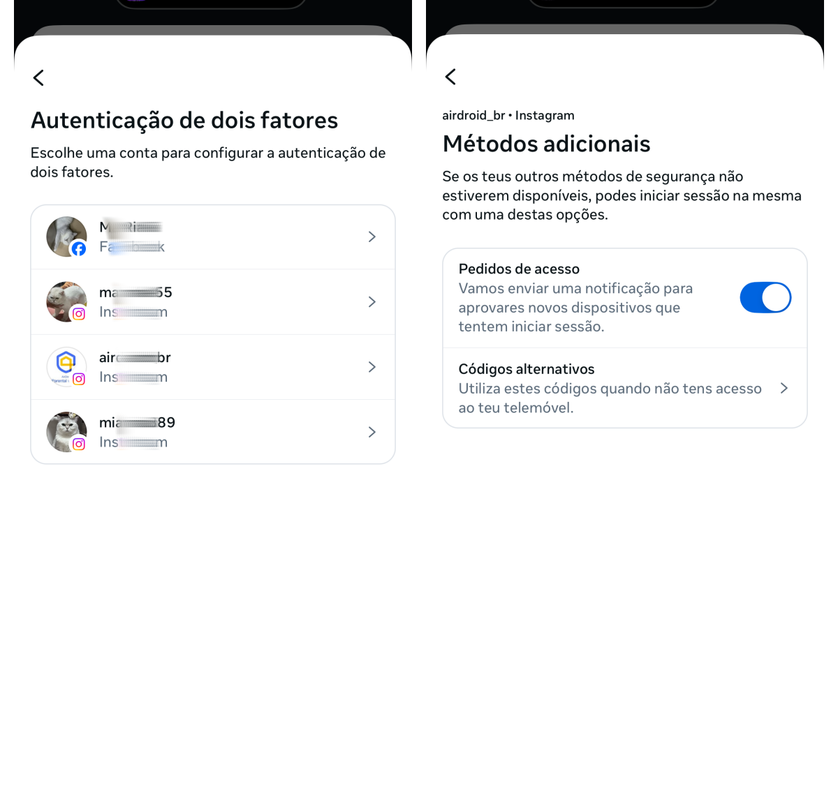 Ativar autenticação de dois fatores no Instagram