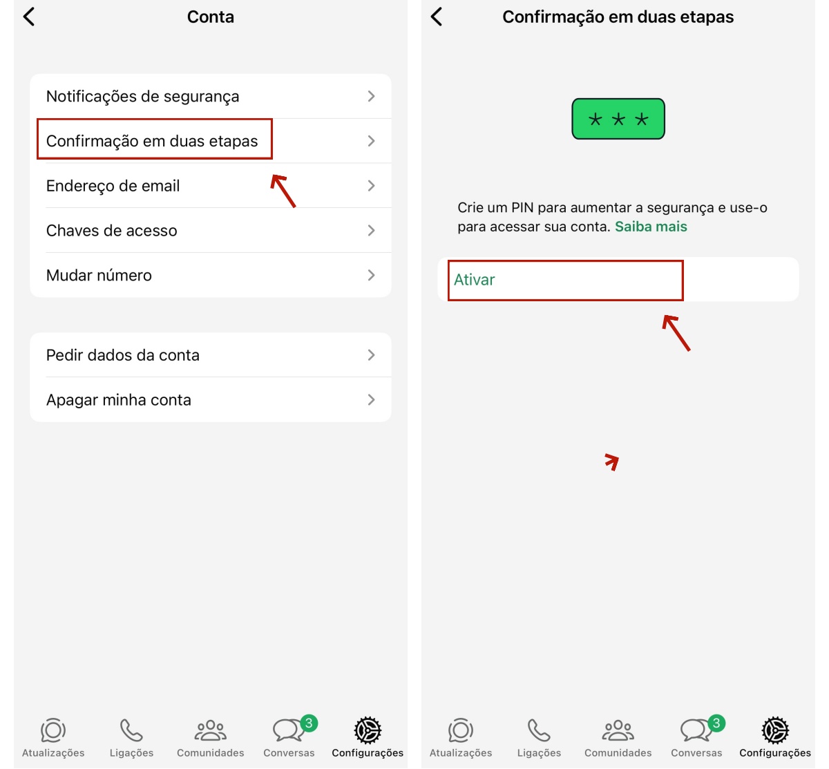 ativar autenticação de dois fatores no WhatsApp