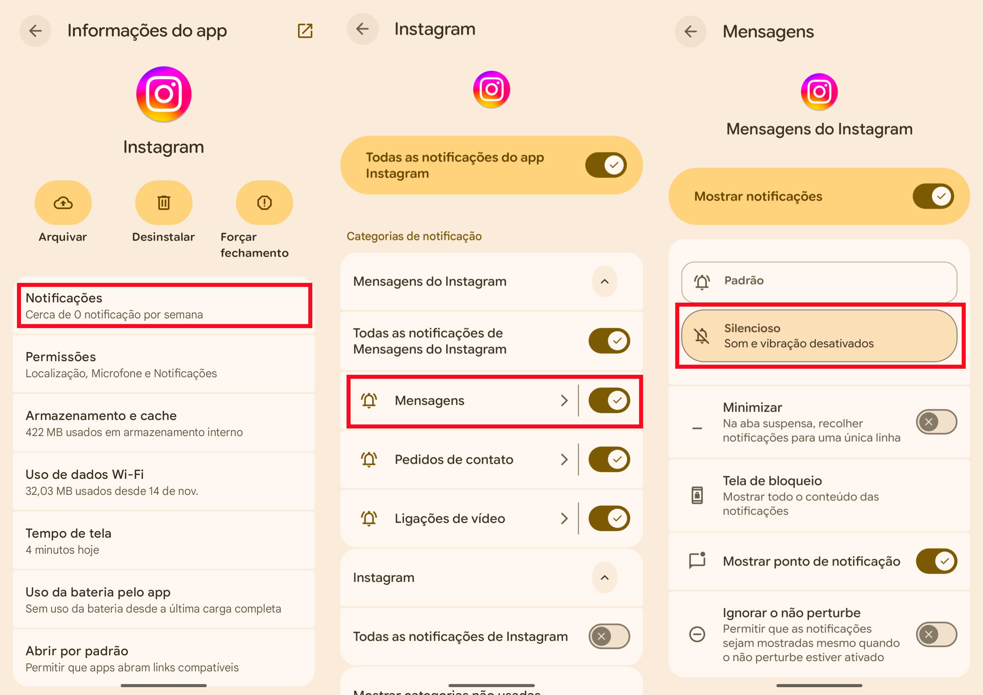 Ocultar pré-visualizações de mensagens do Instagram no Android