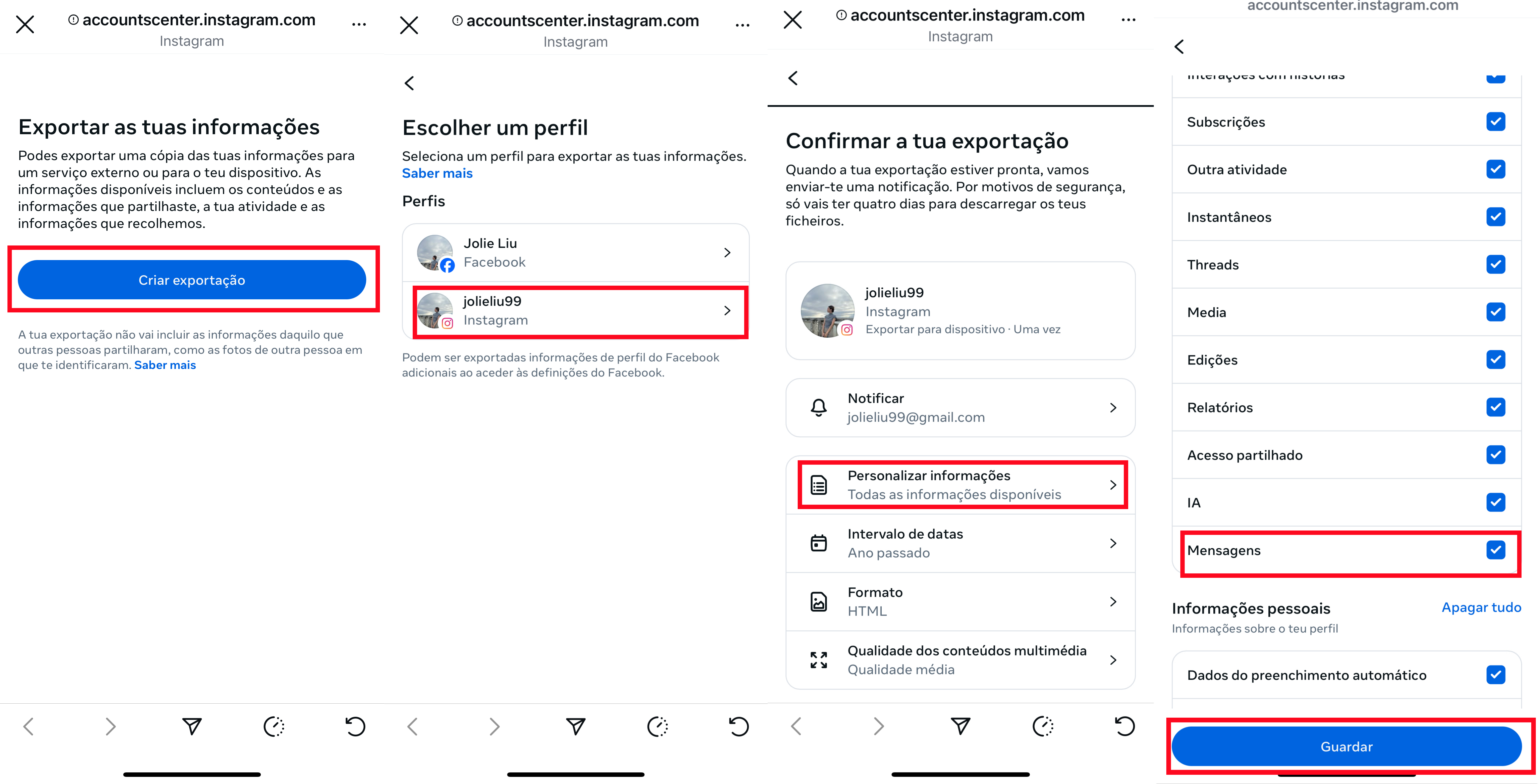 Exportar dados da conta do Instagram