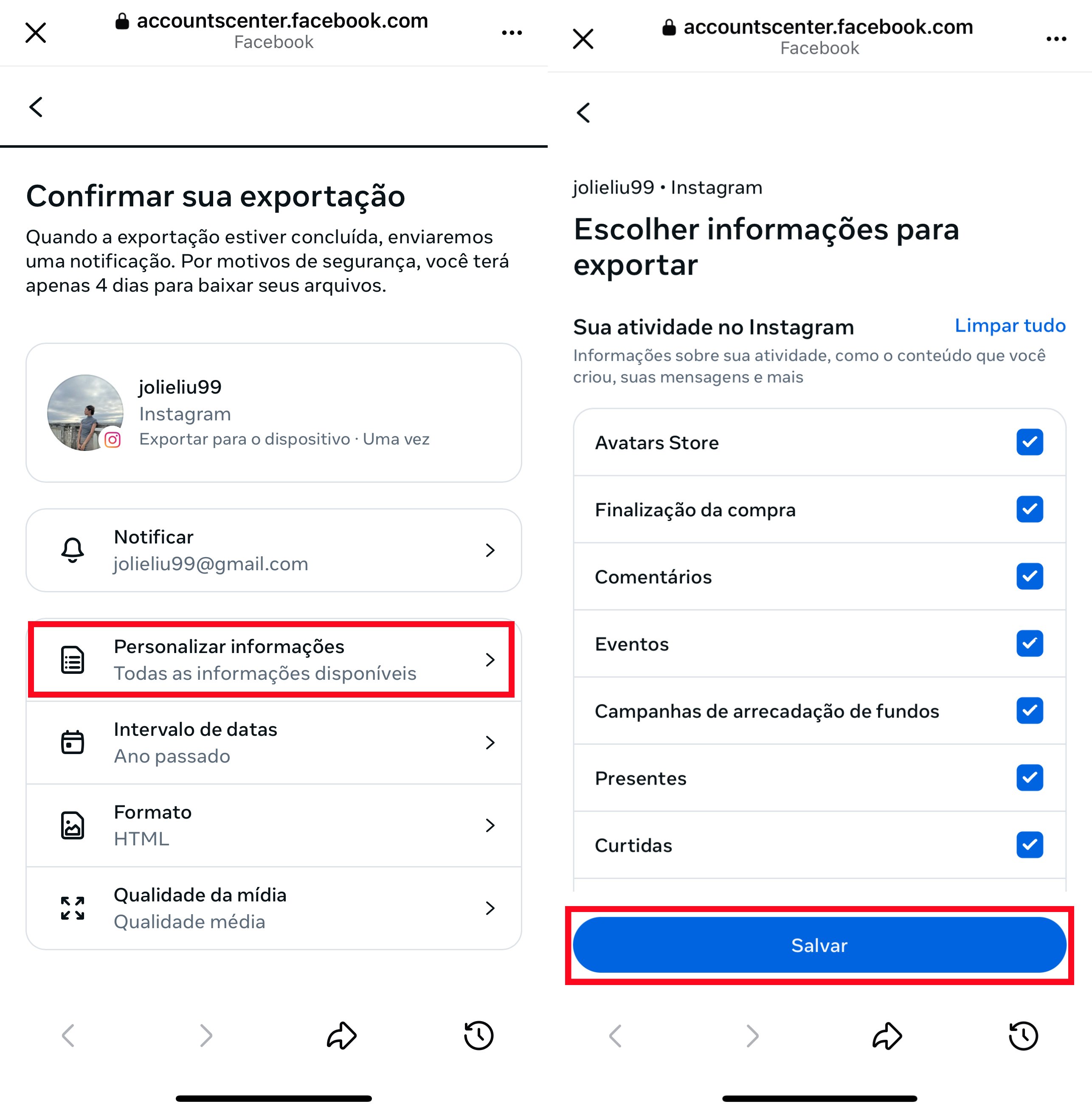 Baixar dados relacionados ao Instagram de contas vinculadas 3