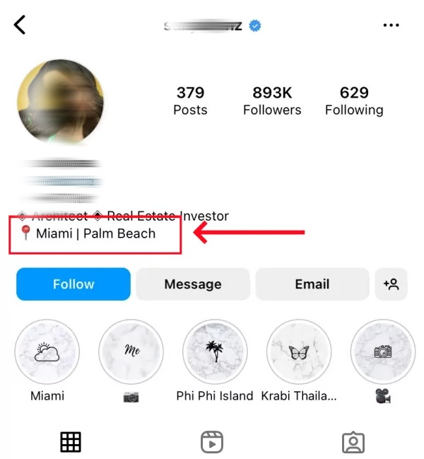 Bio do Instagram com marcação de localização