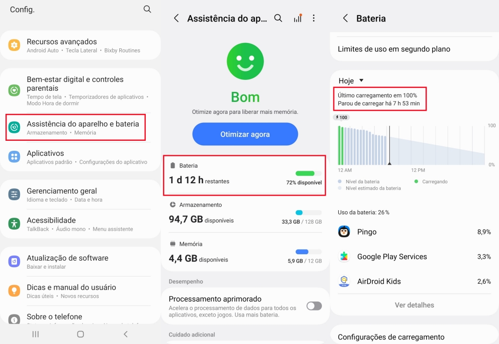 Tempo de tela a partir da atividade da bateria