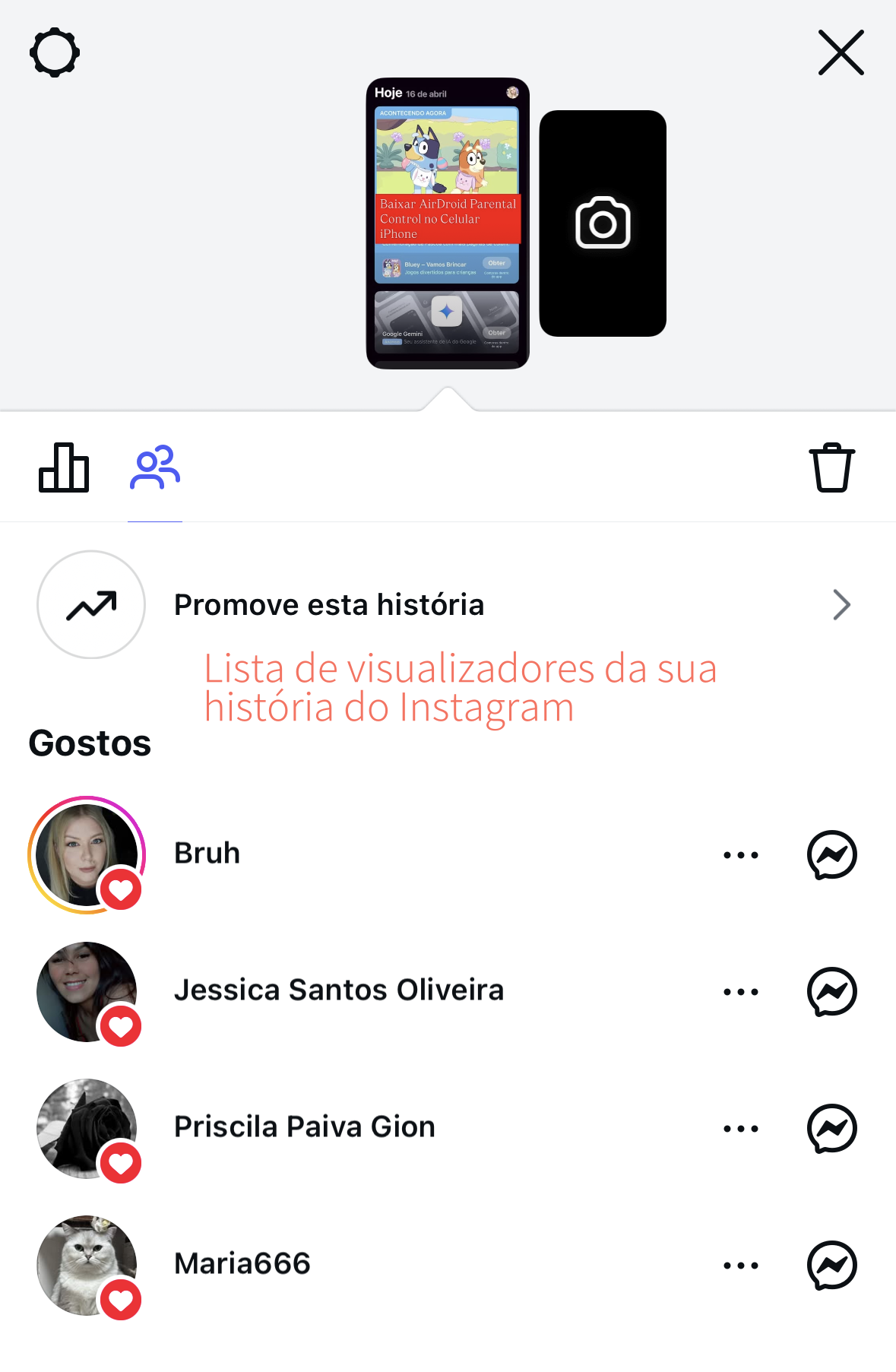 Lista de quem viu o story no Instagram
