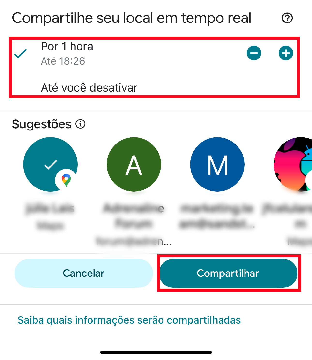 Escolher duração do compartilhamento