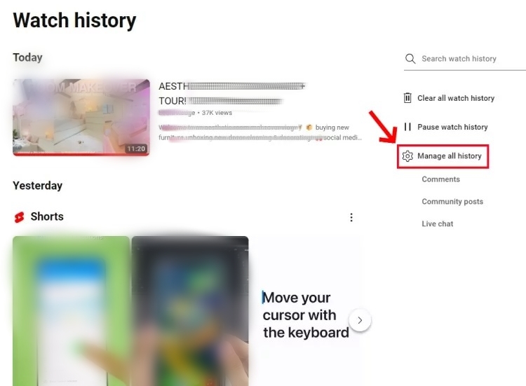 gerenciar todo o histórico no youtube