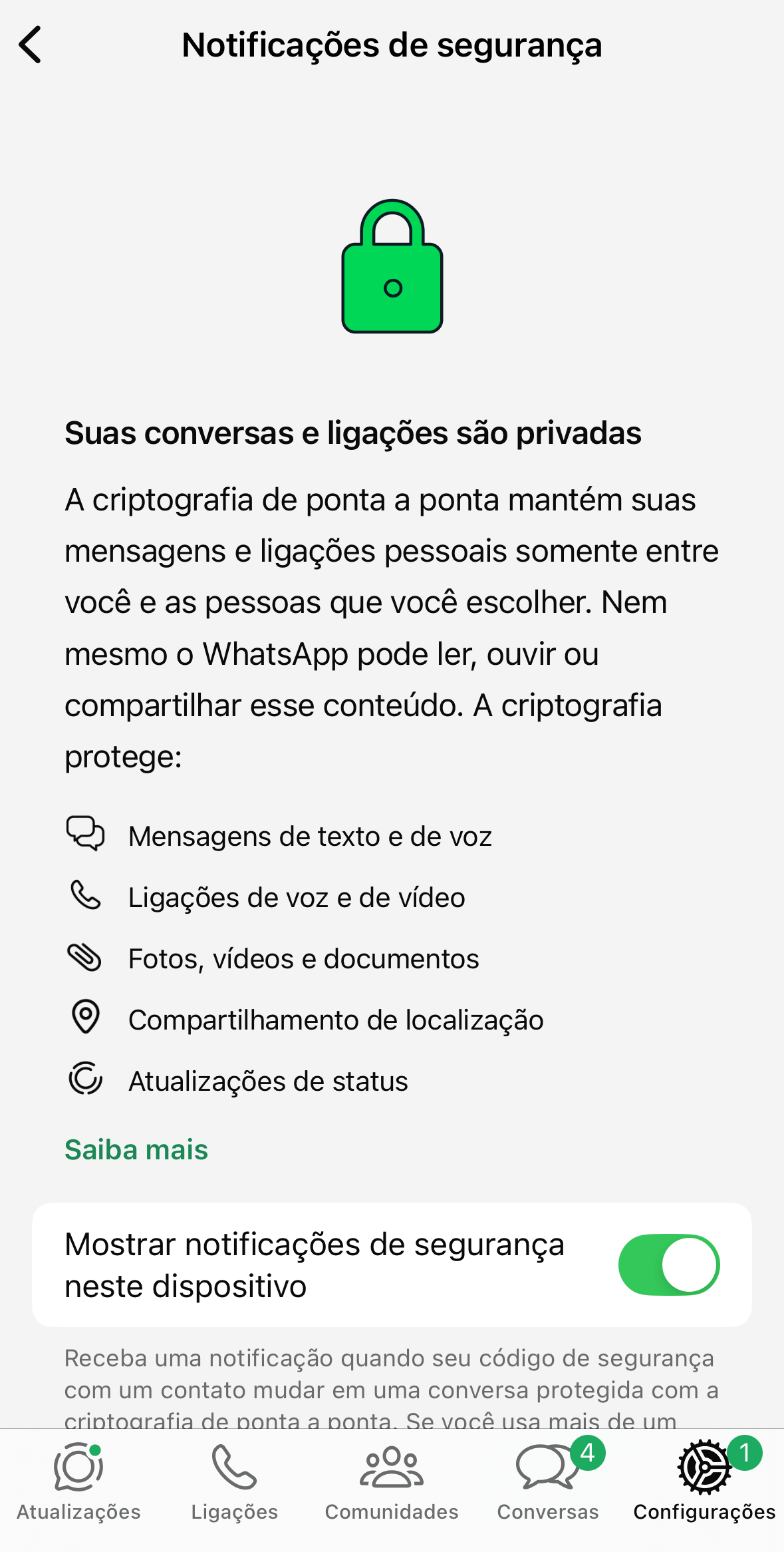Notificação de segurança do WhatsApp