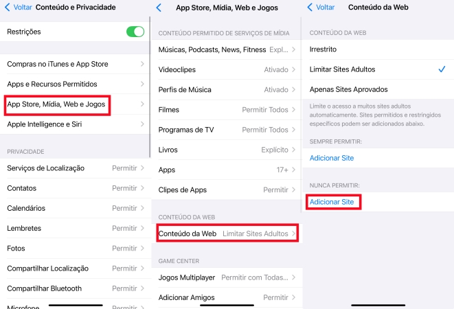 limitar sites adultos no iOS