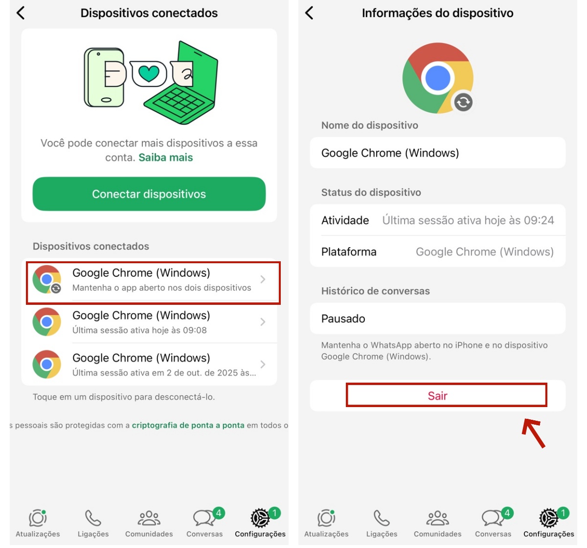 Sair do WhatsApp em dispositivos conectados