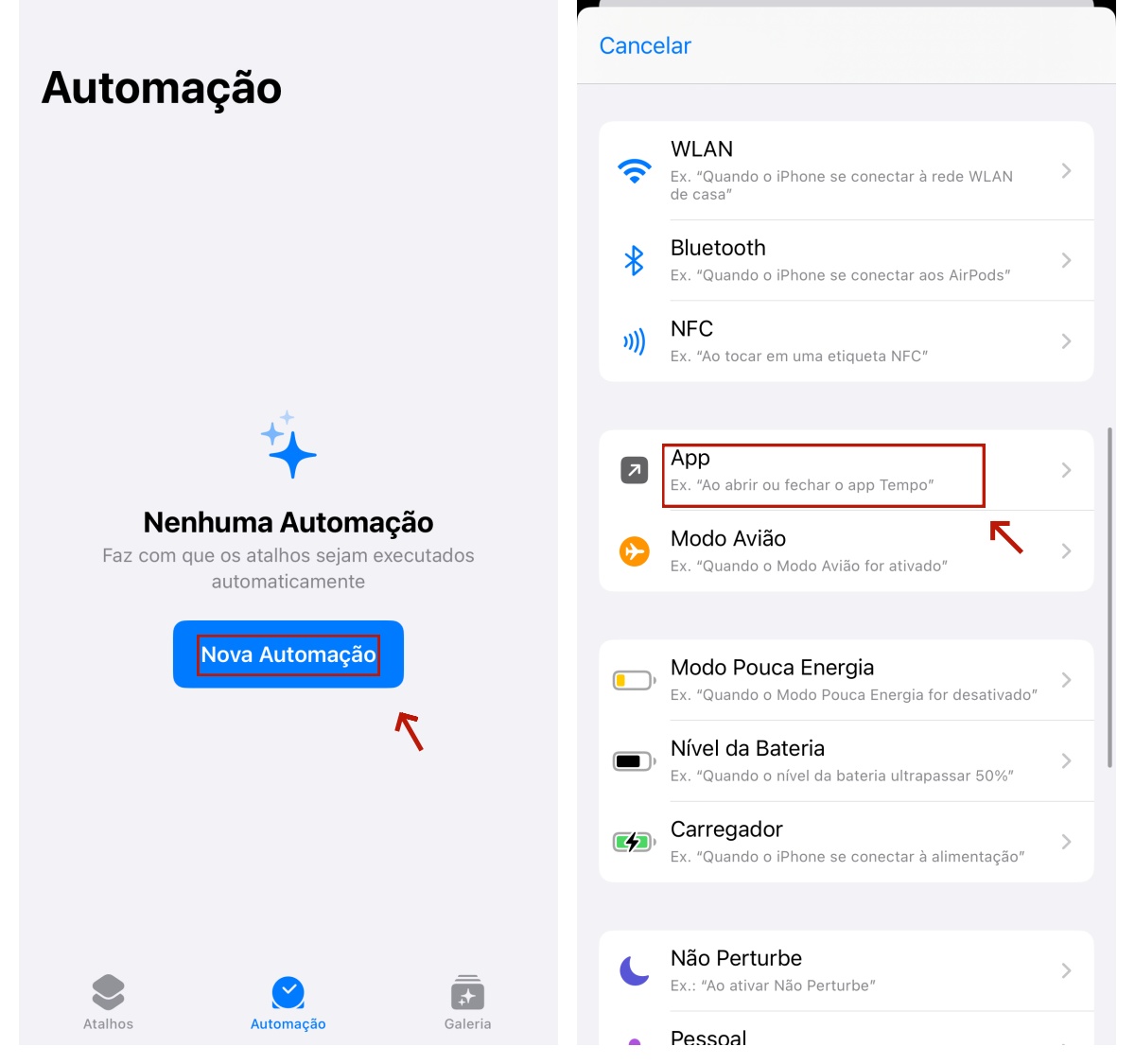 Selecionar apps no Atalhos do iPhone