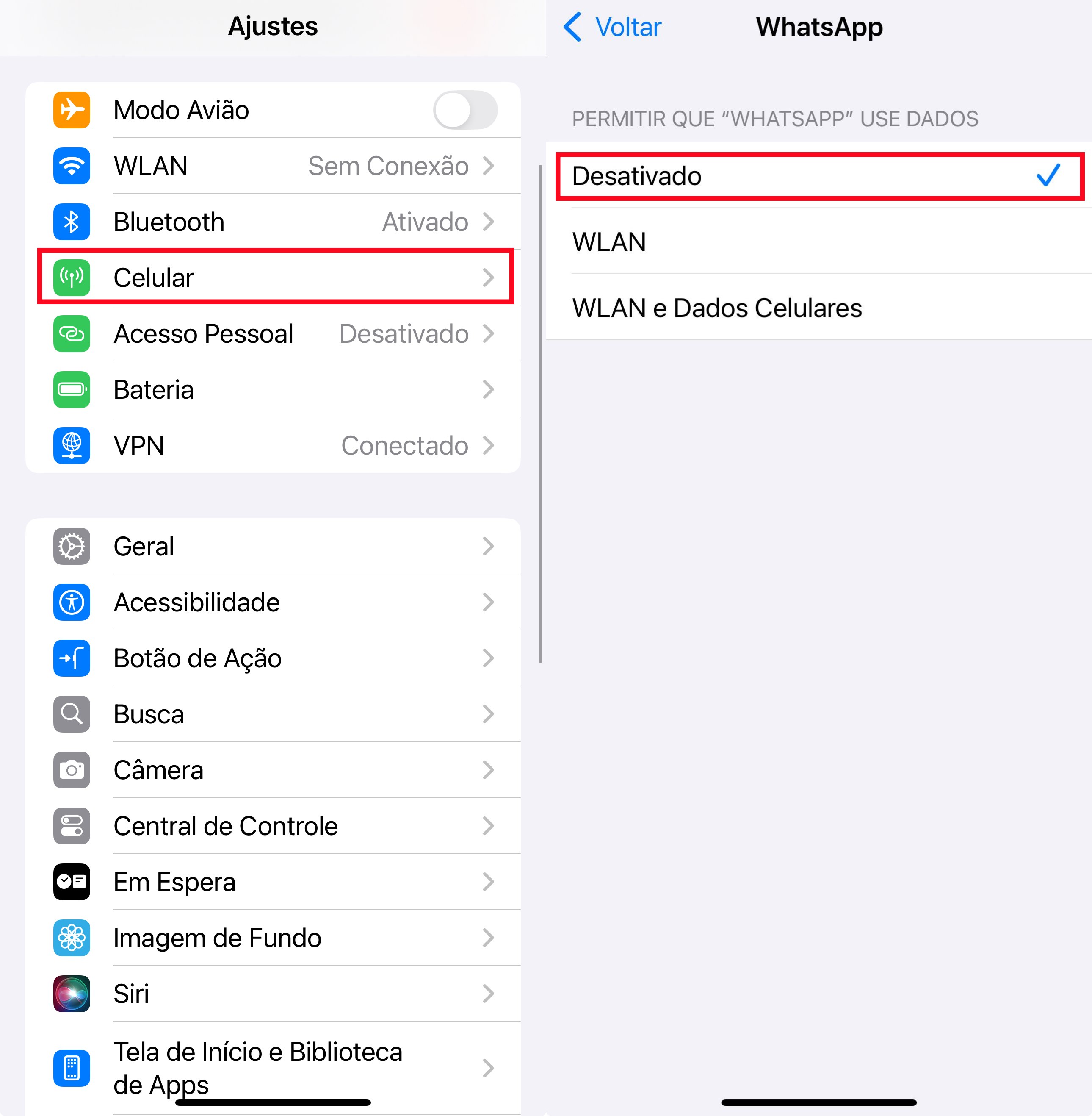 Desativar dados celulares do WhatsApp no iPhone