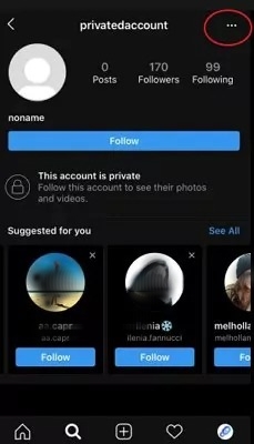 três pontos na conta do Instagram