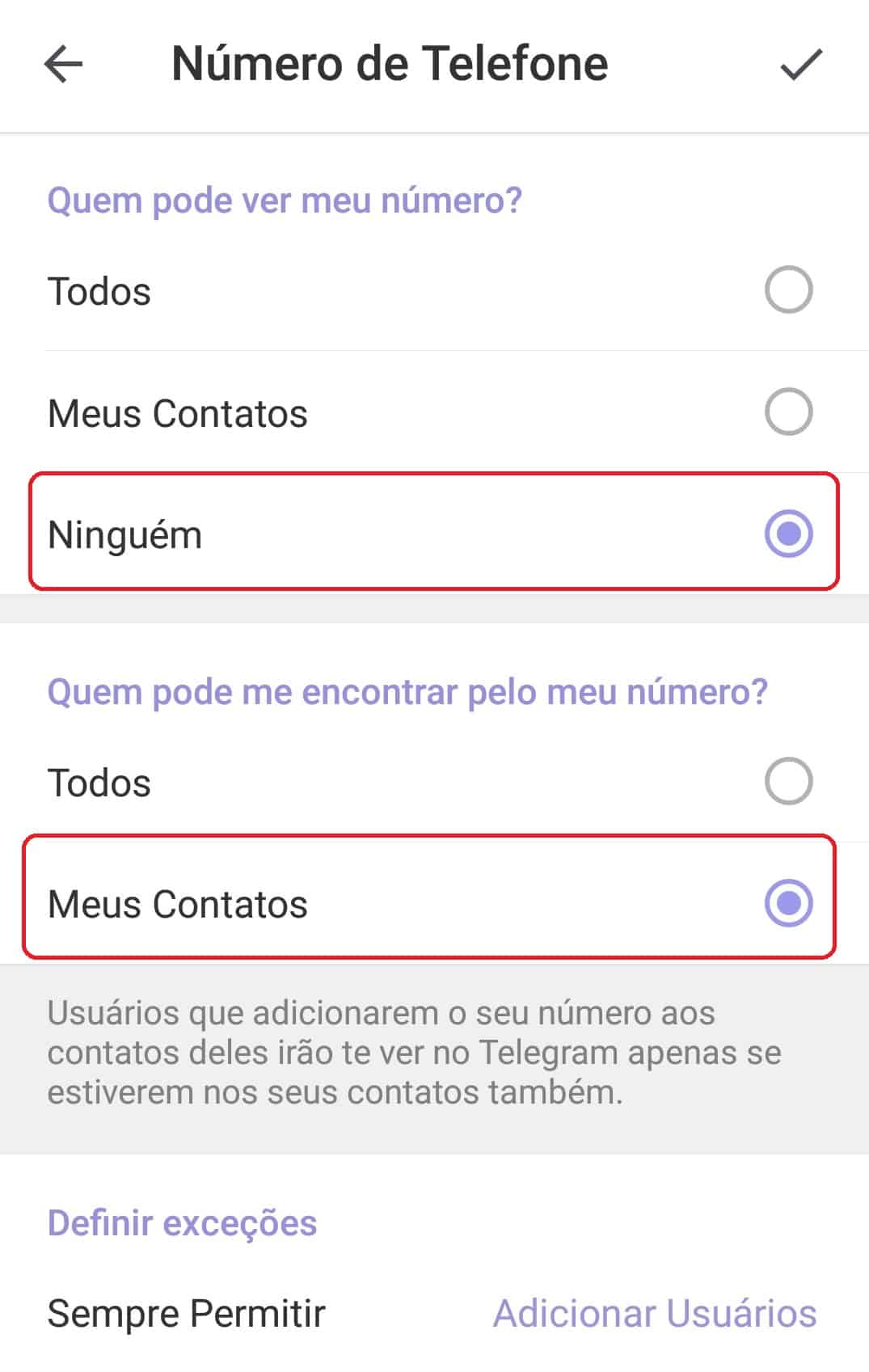 Configurações do número de celular no Telegram