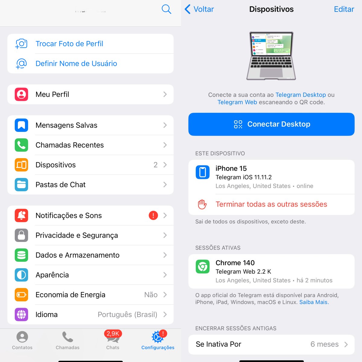 Dispositivos conectados ao Telegram