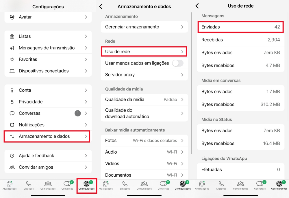 Ver número de mensagens do WhatsApp em Configurações