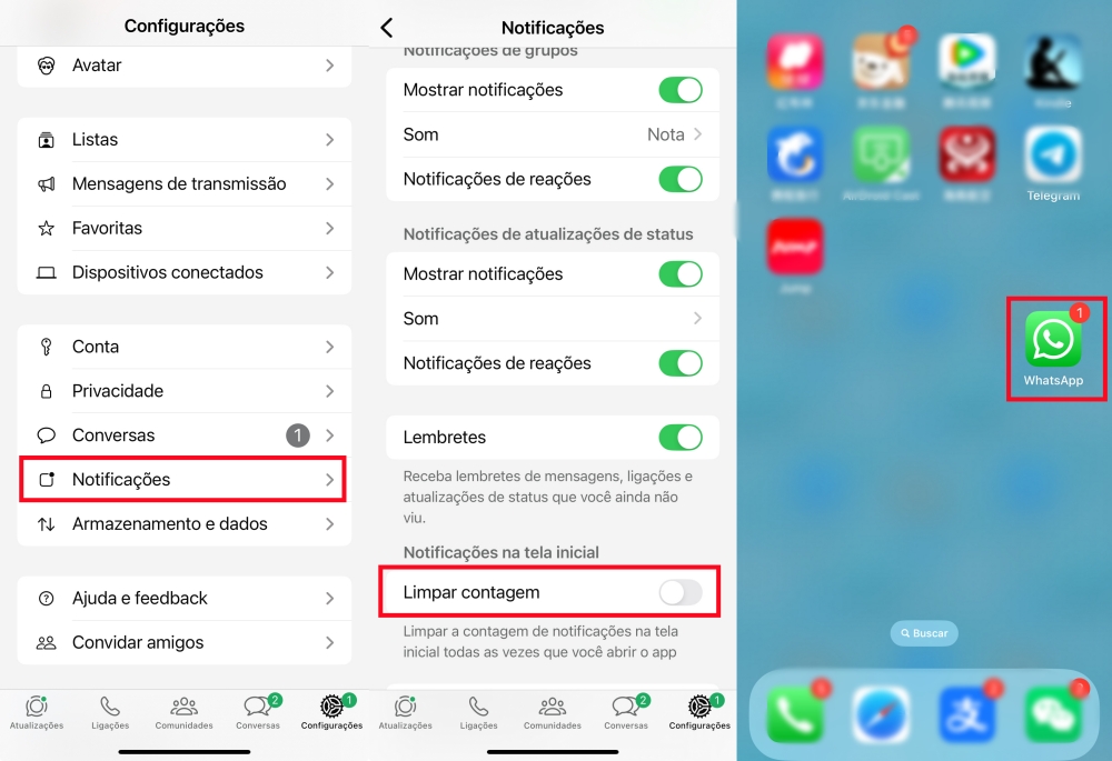 Opção limpar contagem de notificações do WhatsApp