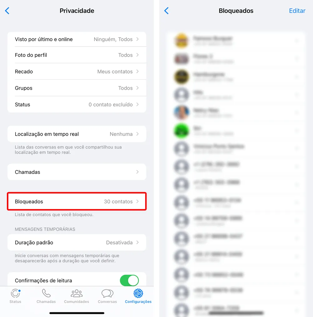 Menu Privacidade WhatsApp iPhone