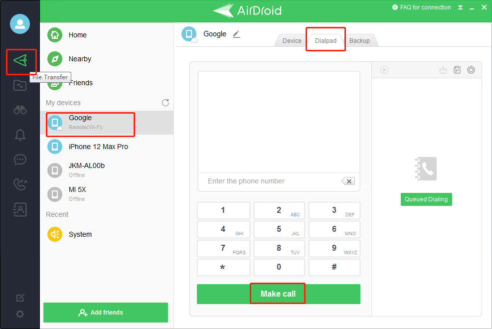 AirDroid Personal PC telephone dialer