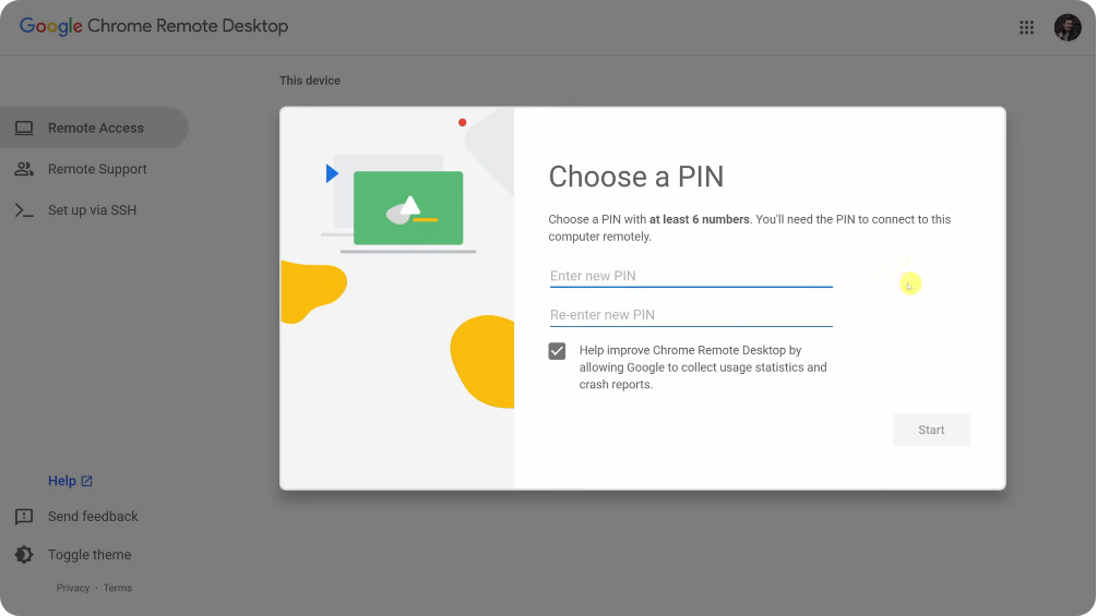 Chrome remote desktop set up PIN