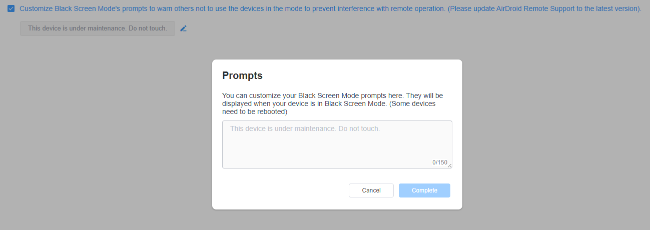 customize black screen mode prompts