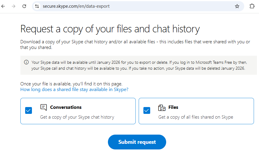 download Skype chat history on data export
