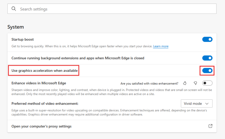 Toggle off Use graphic acceleration when available on Edge