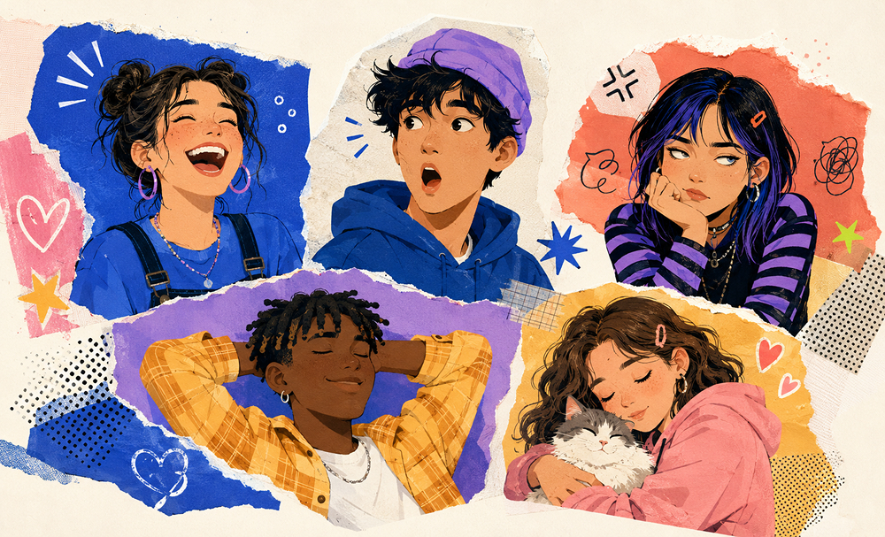 Gen Z teens expressing different feelings and reactions