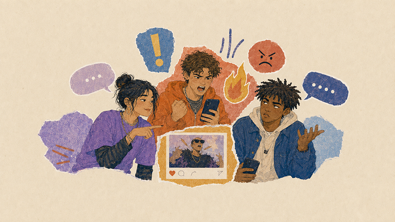 Gen Z teens reacting to online arguments and provocative social media posts