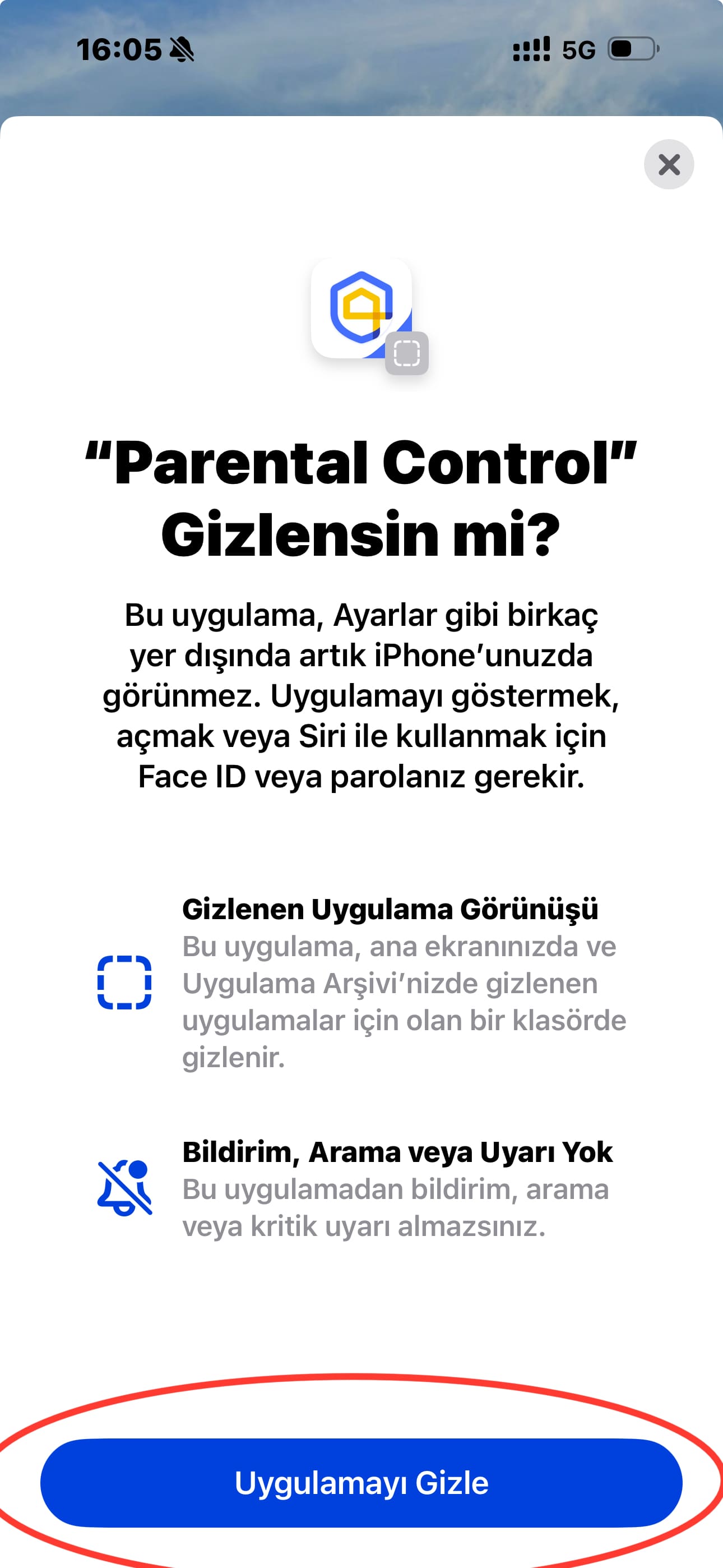 Hide App düğmesi