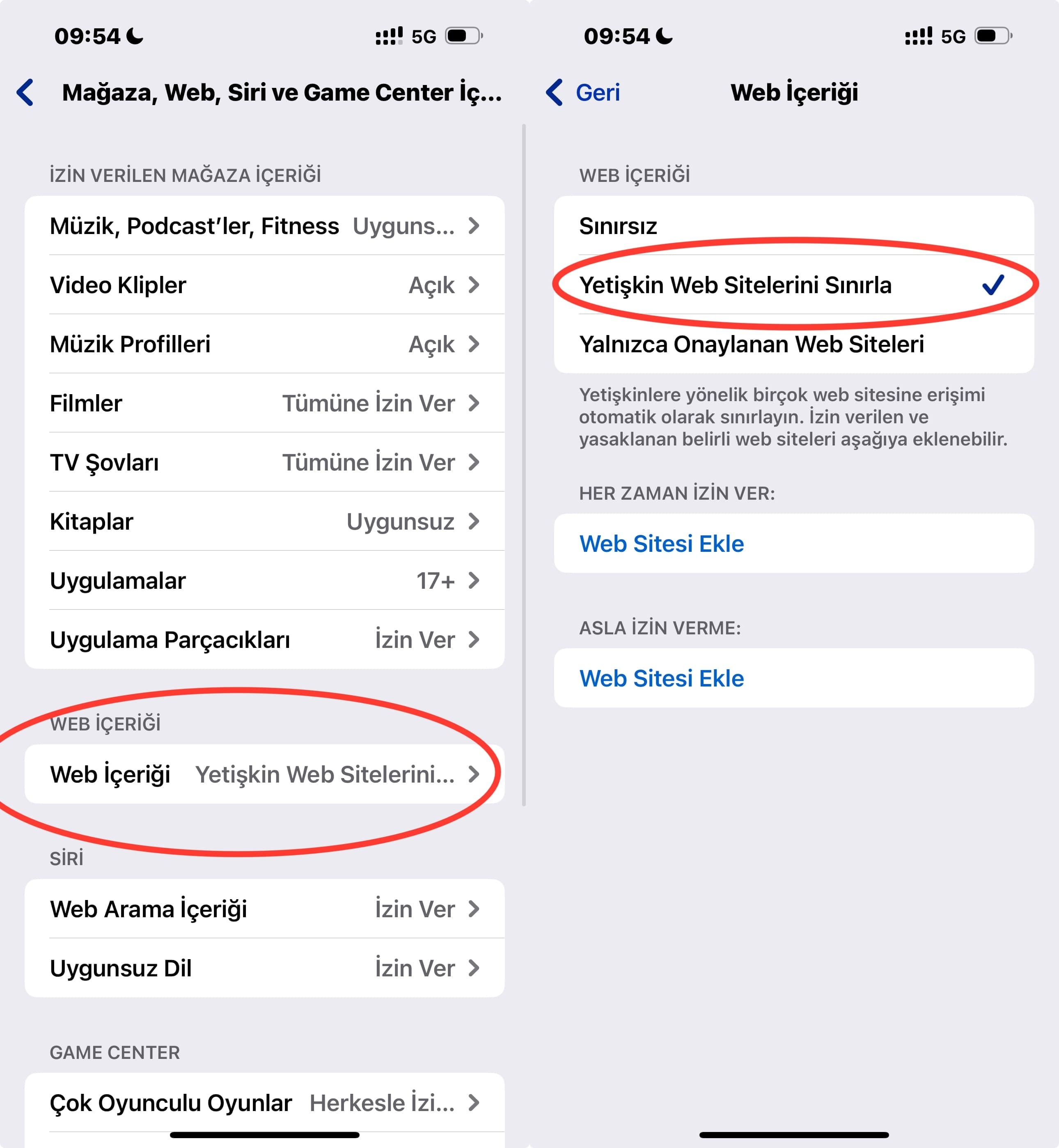 Web İçeriği - Yetişkin Web Sitelerini Sınırla ayarı