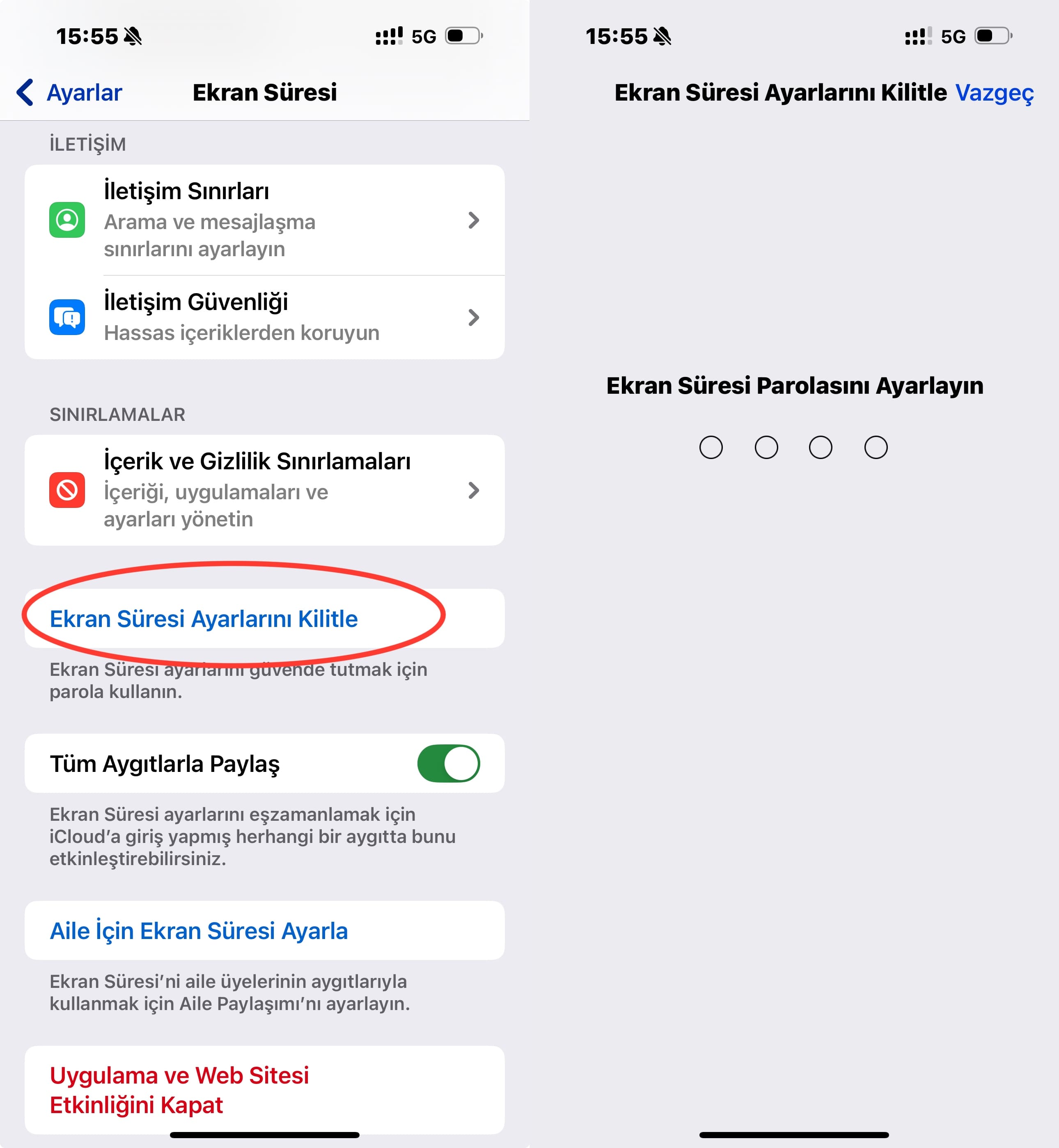 Ekran Süresi parolasını ayarlama