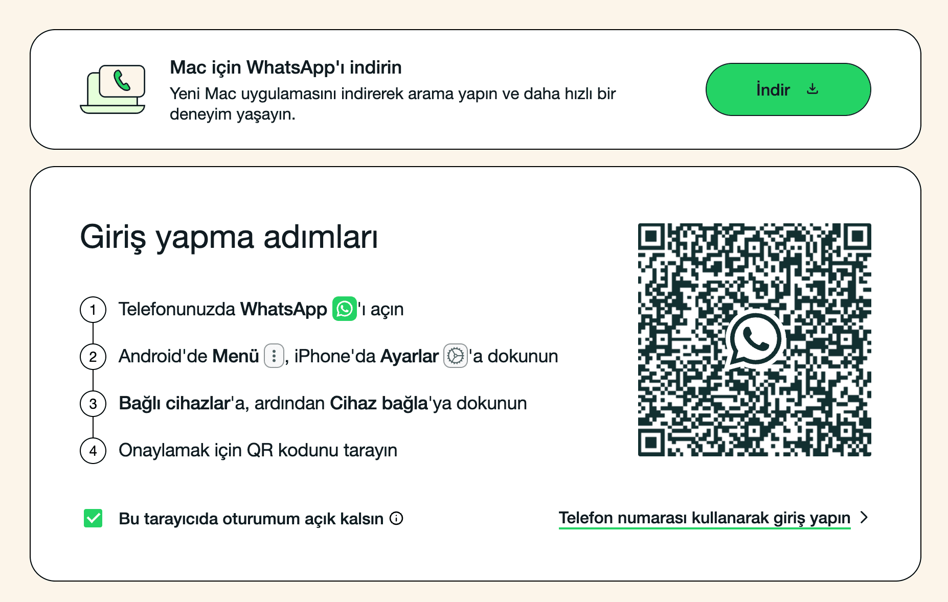 WhatsApp cihazını bağlamak için kamerayı açıp QR kodu tarayın