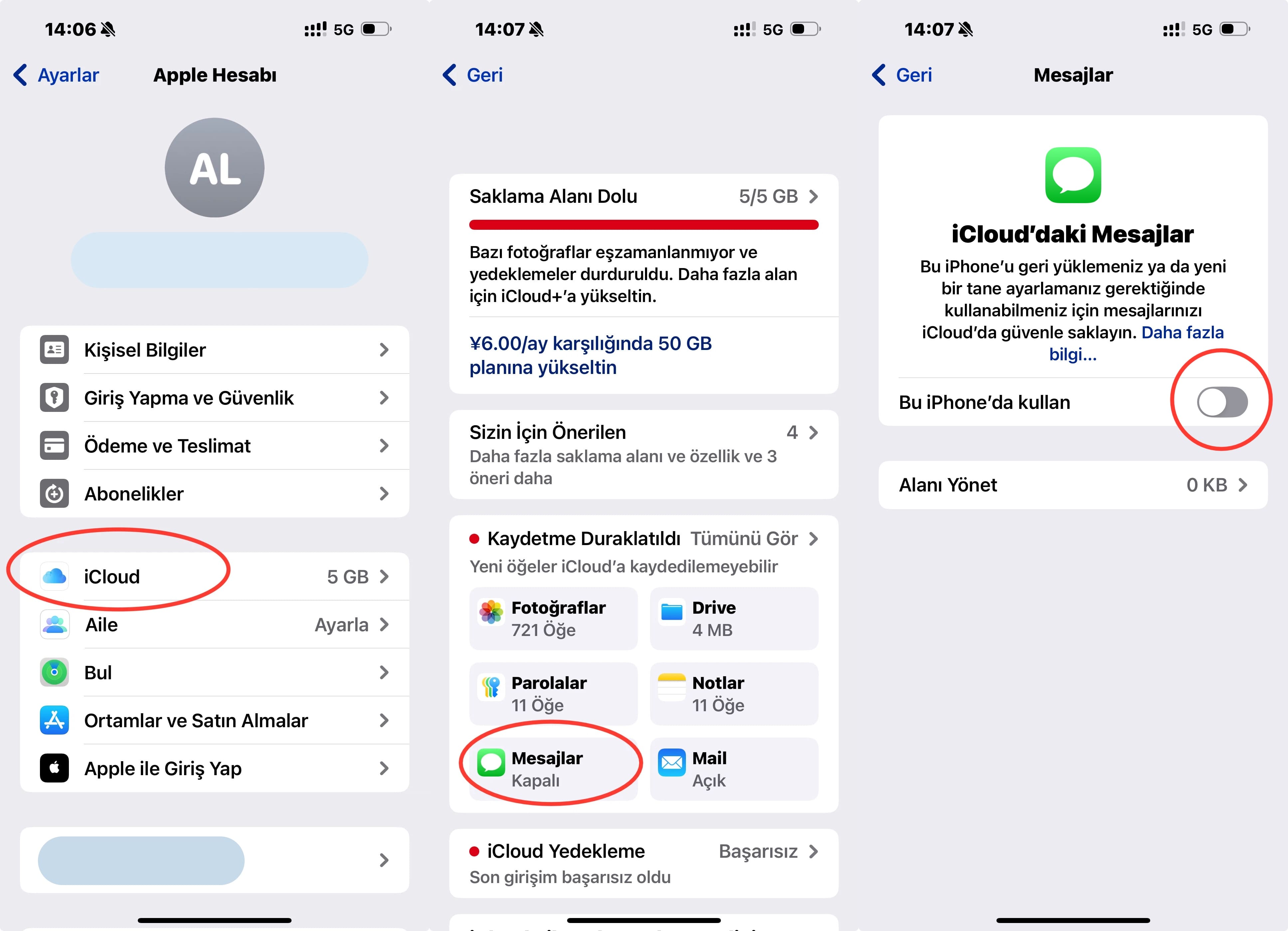 mesajları iCloud'a senkronize etme