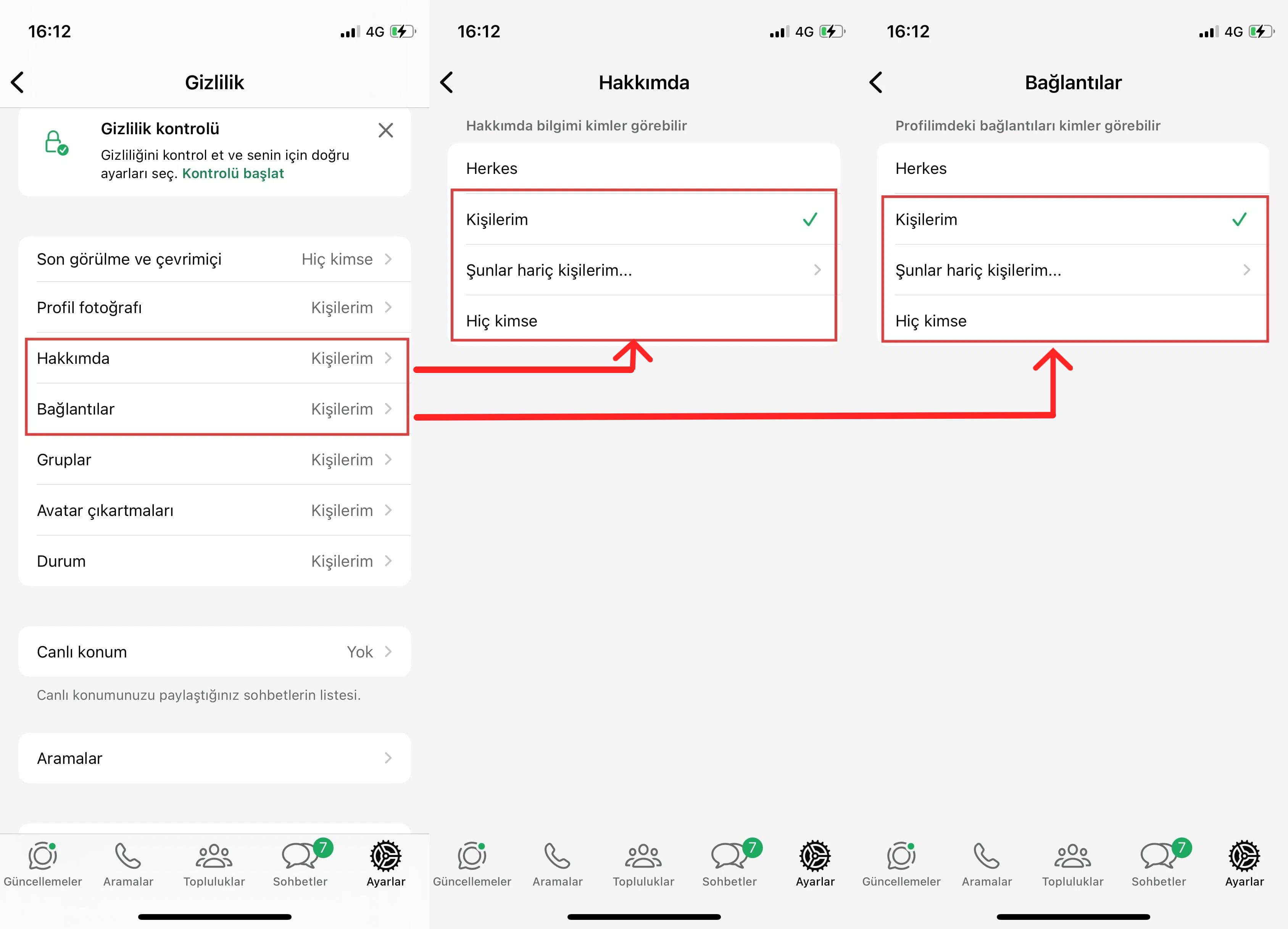 kişisel bilgilerinizin hangilerinin görüneceğini belirler