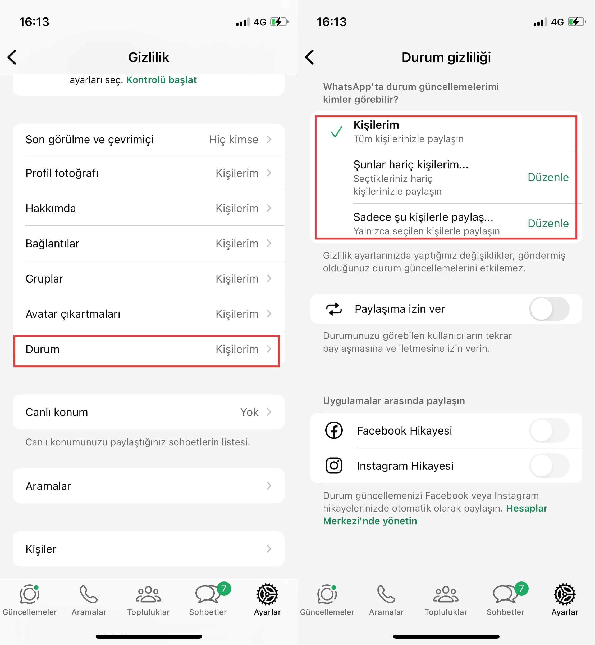 WhatsApp'ta durum güncellemelerini sadece arkadaşlarına göster” width=