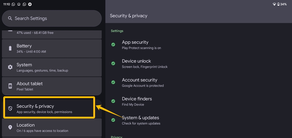 1.1 find Secruity & Privacy settings on Android