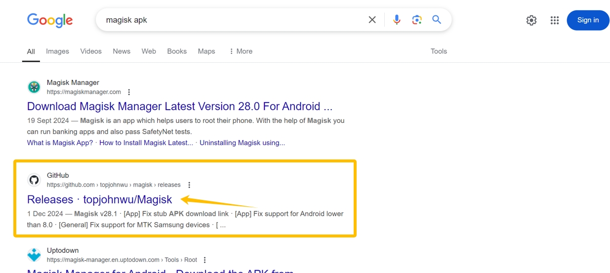 3.1 Search for magisk apk on google