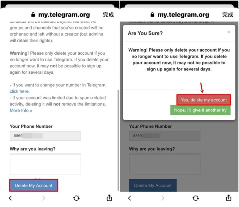 確認刪除Telegram賬號