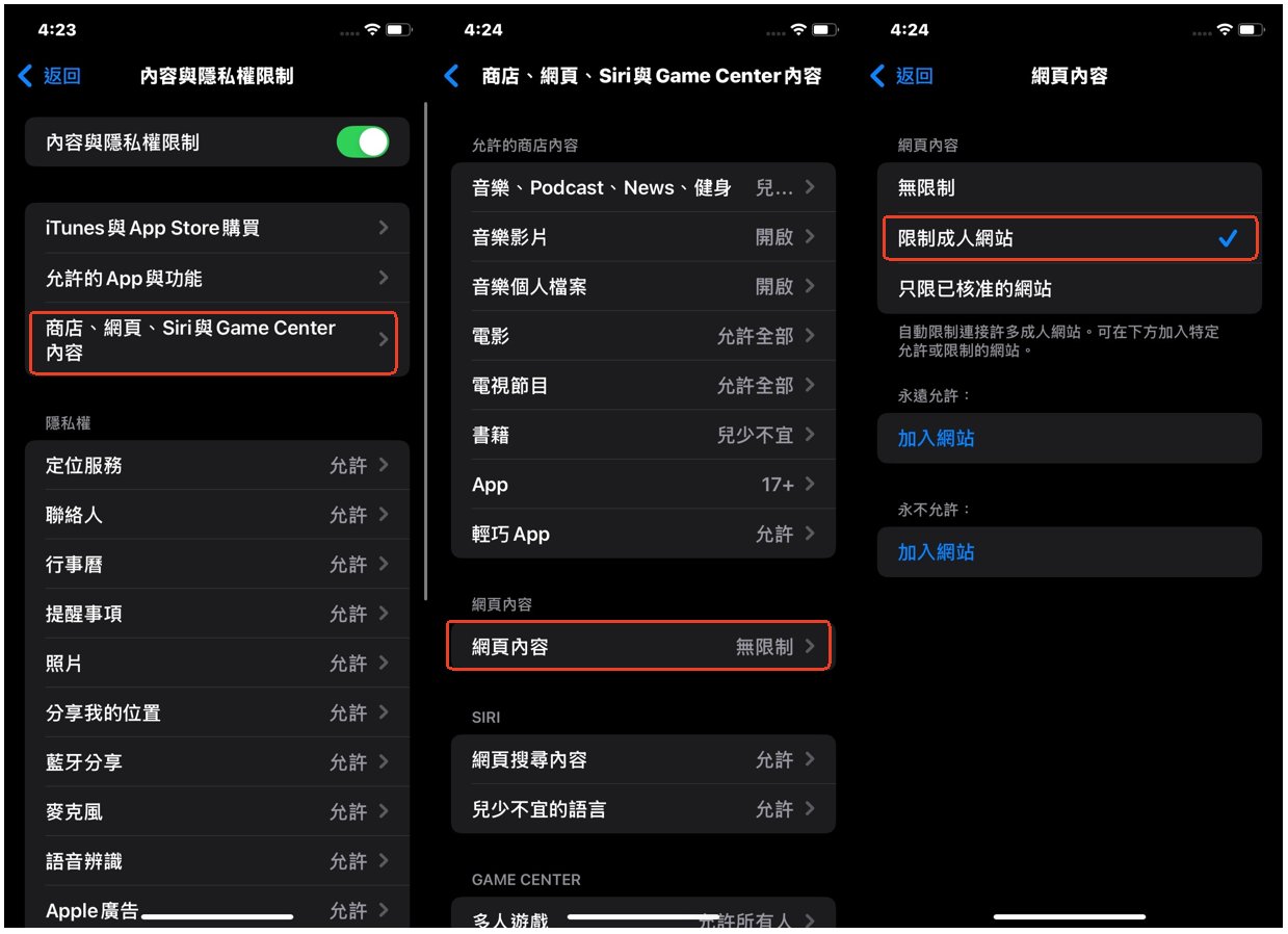 在 iPhone 上過濾成人網頁