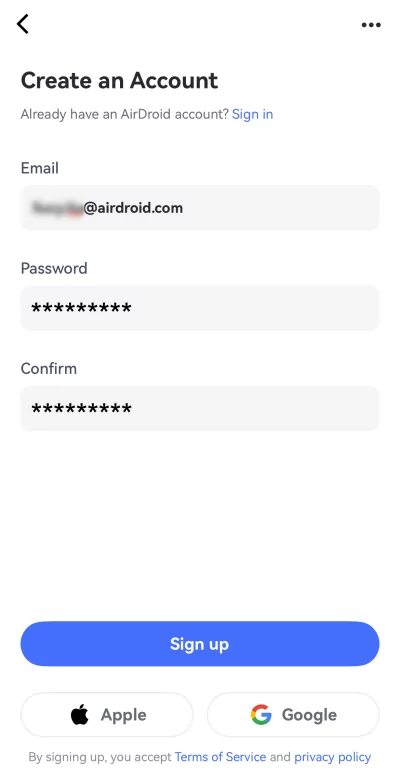 sign up page of AirDroid Parental Control